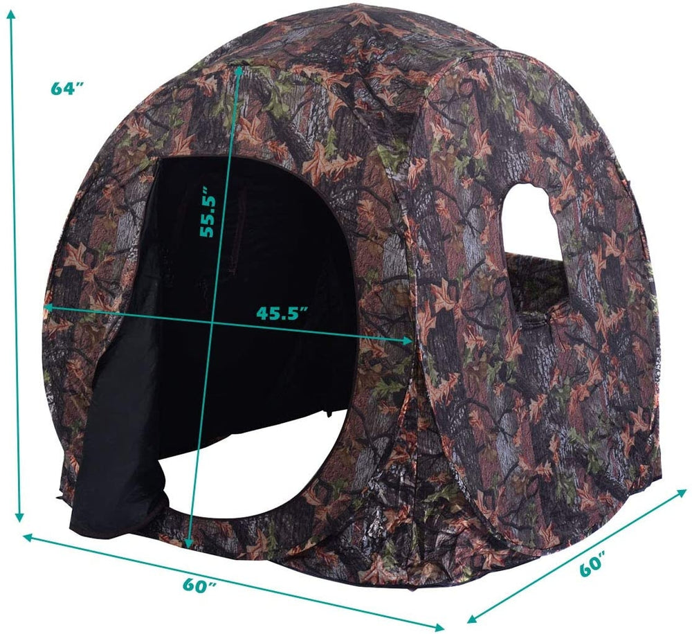 Portable pop-up ground camo blind with dimensions shown, featuring a durable design for 2-3 person hunting use.