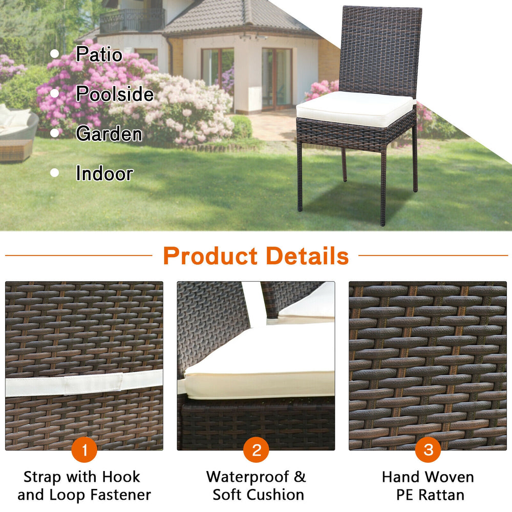 High back chair from a 5-piece rattan dining set with removable cushion, ideal for outdoor patio and garden use.