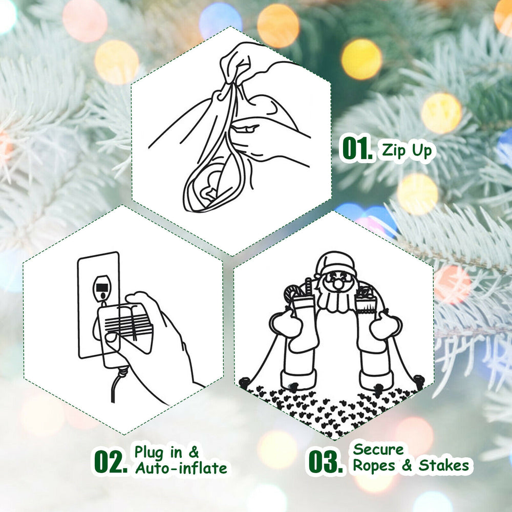 Instructions for setting up the 6.5 feet Christmas inflatable Santa riding polar bear with LED lights and stability.