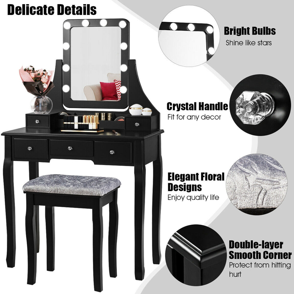 Vanity dressing table set in black with 10 dimmable bulbs, cushioned stool, and 360° rotating mirror for versatile use.