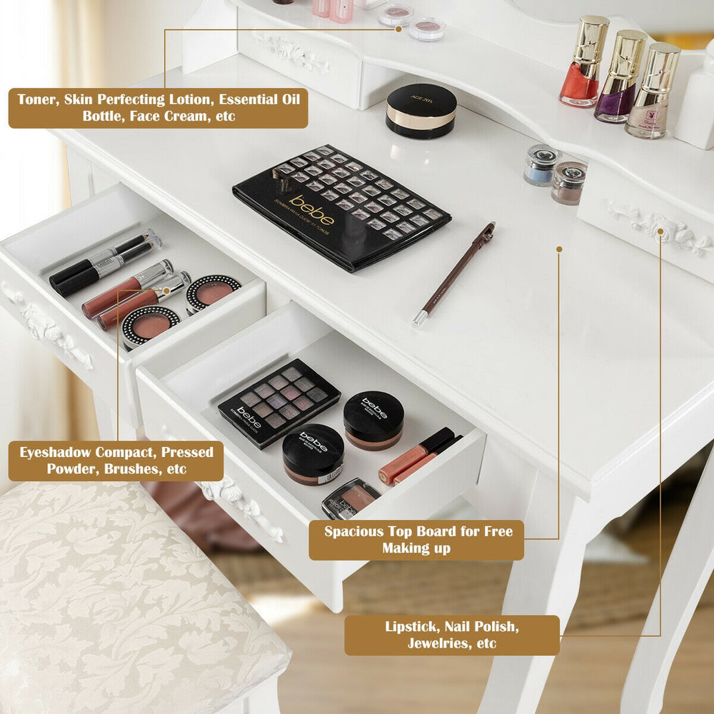 Makeup vanity dressing table set in white with dimmable bulbs, featuring spacious drawers and cushioned stool for.