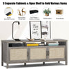 Gray universal TV stand with adjustable shelves and solid wood legs, designed for TVs up to 65 inches, offering classic.