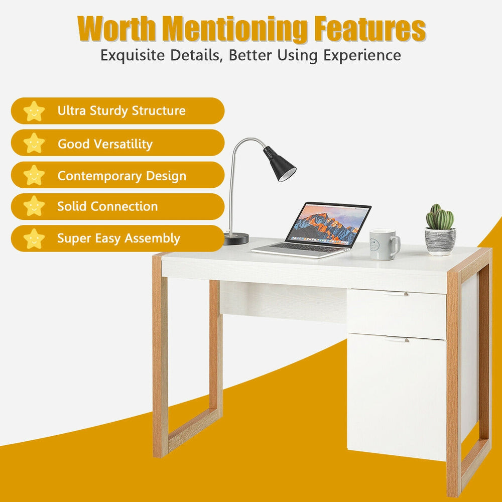 Modern white computer desk with large drawer and cabinet, ideal for study or work, featuring a sturdy structure and.