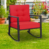 Rustic red patio rattan rocking chair featuring a sturdy metal frame and thick cushions, designed for ultimate outdoor.