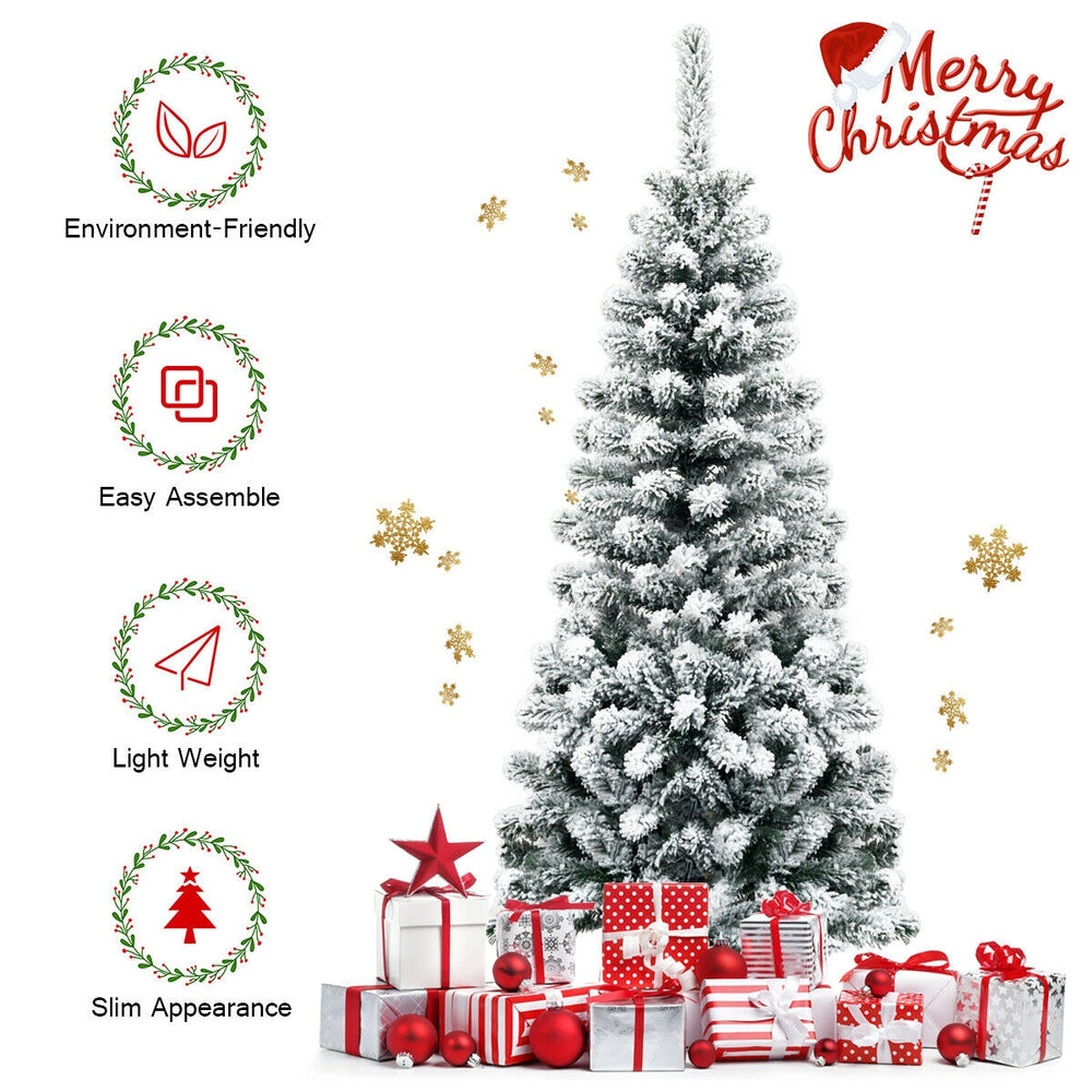 4.5 feet snow flocked artificial pencil Christmas tree with 242 branch tips, perfect for limited spaces and easy.