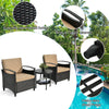 Two cushioned patio chairs with a storage table, made of durable PE rattan and a heavy-duty steel frame for outdoor use.