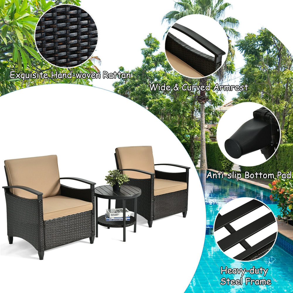 Two cushioned patio chairs with a storage table, made of durable PE rattan and a heavy-duty steel frame for outdoor use.