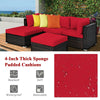 L-shaped 5-piece patio rattan sofa set in red with thick sponge padded cushions, perfect for outdoor relaxation.