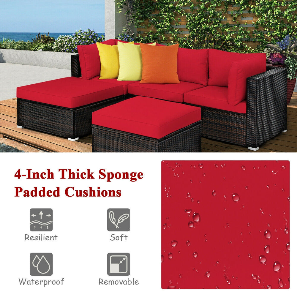 L-shaped 5-piece patio rattan sofa set in red with thick sponge padded cushions, perfect for outdoor relaxation.