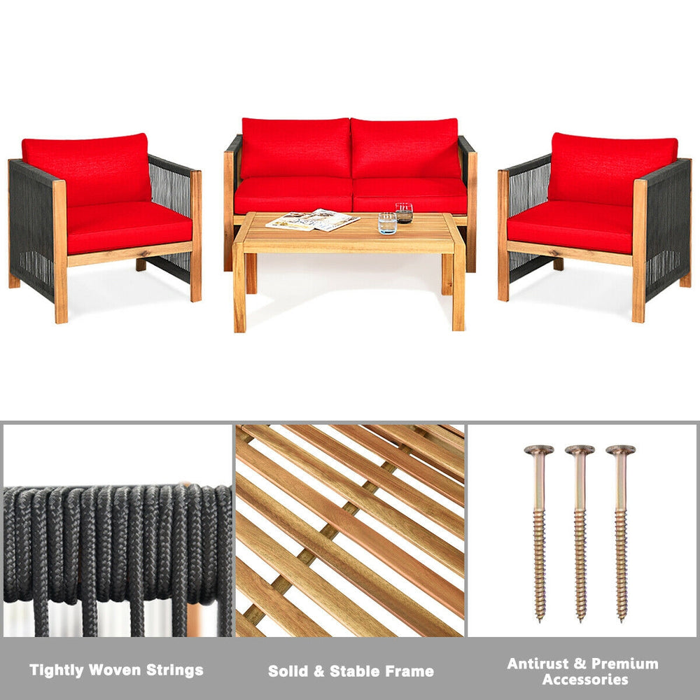 4-piece acacia wood outdoor patio furniture set with red cushions, featuring a sturdy frame and elegant design for.