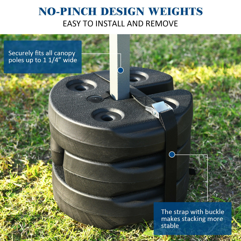 Set of 4 canopy weights with no-pinch design, made of weather-resistant PE, ideal for securing tents and canopies.