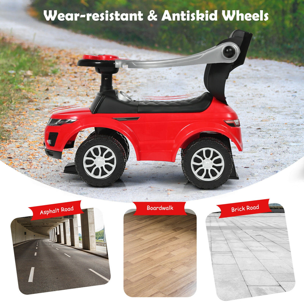 Red 3-in-1 ride-on push car with wear-resistant wheels, suitable for toddlers aged 12-36 months, ideal for outdoor fun.