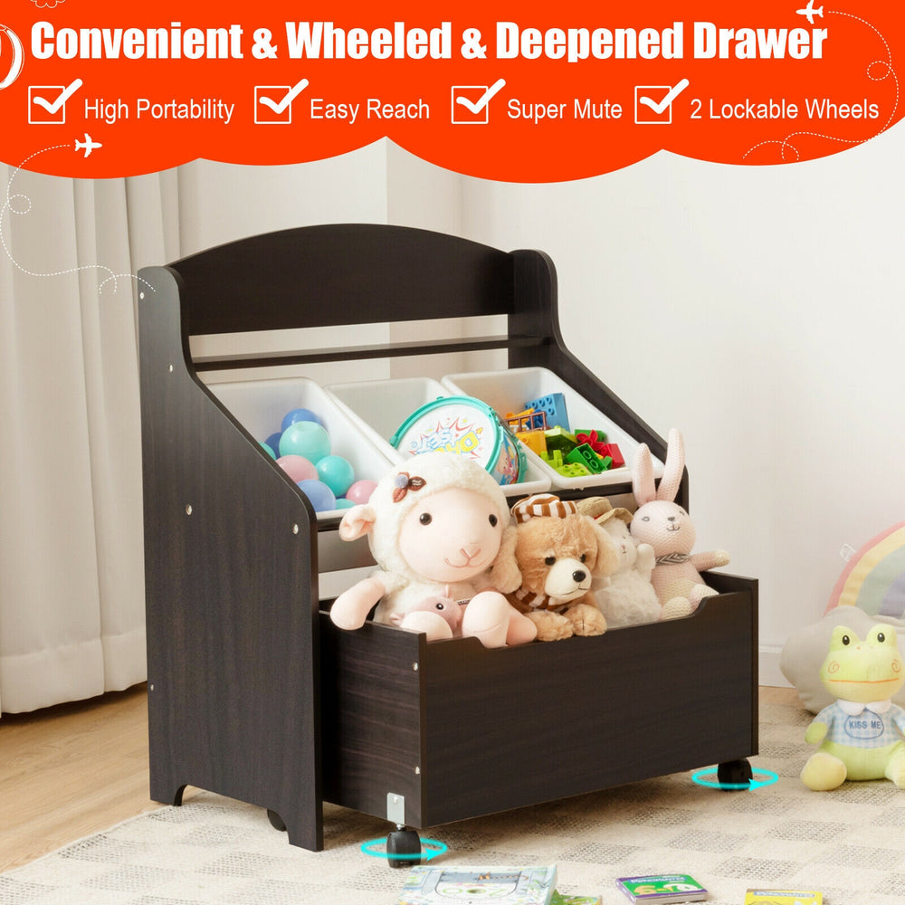 Kids wooden toy storage unit with rolling toy box and plastic bins in espresso, perfect for organizing toys and books.