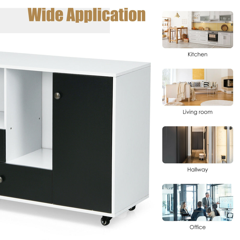Lateral mobile filing cabinet in black with 2 drawers, 2 shelves, and wheels for versatile office or home use.