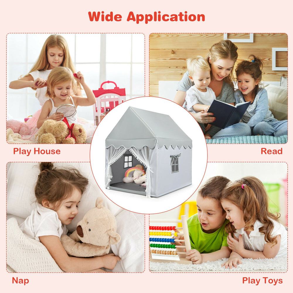 Kids large play castle fairy tent in gray with mat, perfect for indoor and outdoor play, reading, or napping.