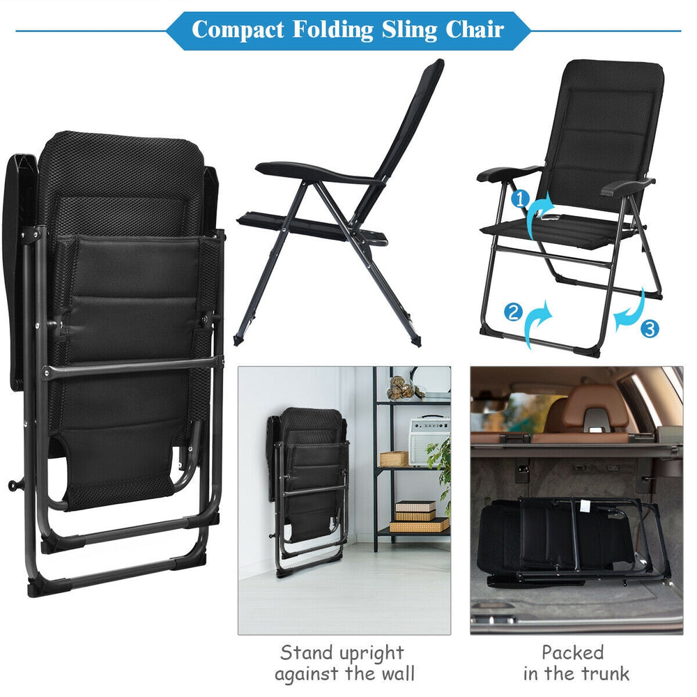 Compact folding sling chair in black with adjustable backrest, perfect for outdoor camping and relaxing.