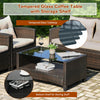 Tempered glass coffee table with a storage shelf, featuring durable PE rattan, ideal for outdoor patio use.