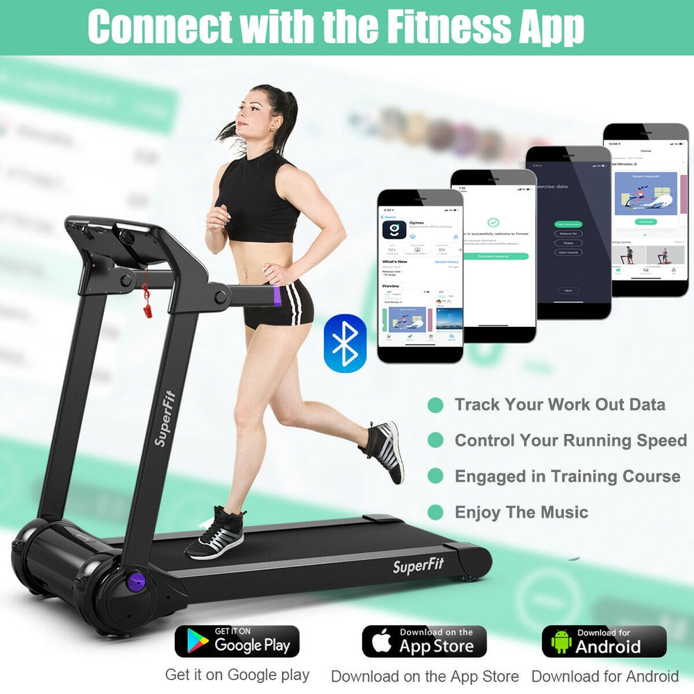 3HP electric folding treadmill in purple with Bluetooth speaker, featuring a digital display and foldable design for.
