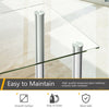 Dining table with clear tempered glass top and sturdy steel legs, part of a 5-piece set with 4 PVC leather chairs.