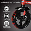 Close-up of the inflatable-free light EVA front wheel of a red 4-in-1 kids tricycle, showcasing shock absorption and.
