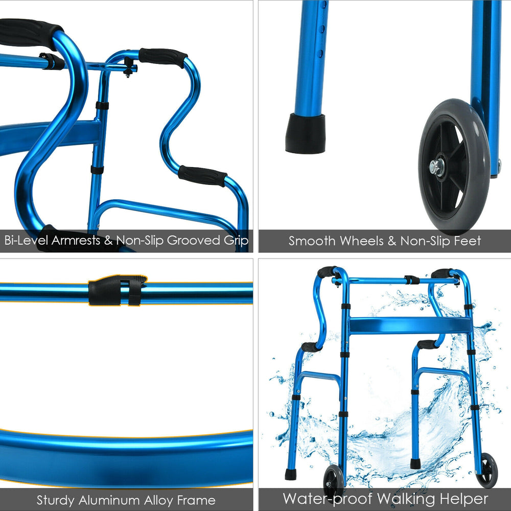 Heavy-duty blue aluminum folding wheeled walker with dual-tier armrests, non-slip grips, and smooth wheels for safe.