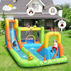 Inflatable water slide park with climbing wall, trampoline, and safety netting for outdoor fun, max capacity 500 lbs.