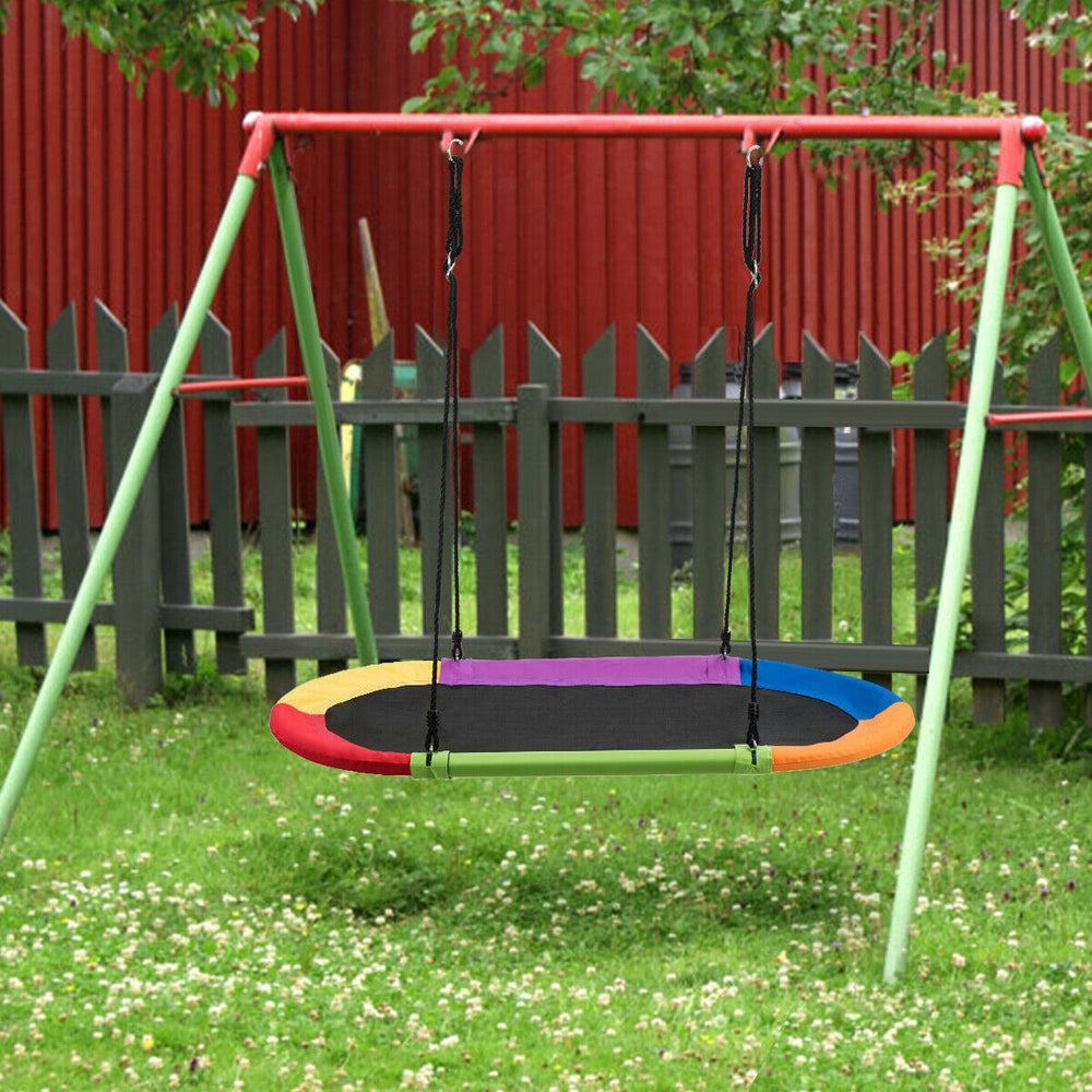 Colorful 60-inch saucer swing with adjustable height, suitable for multiple children to play together in outdoor spaces.