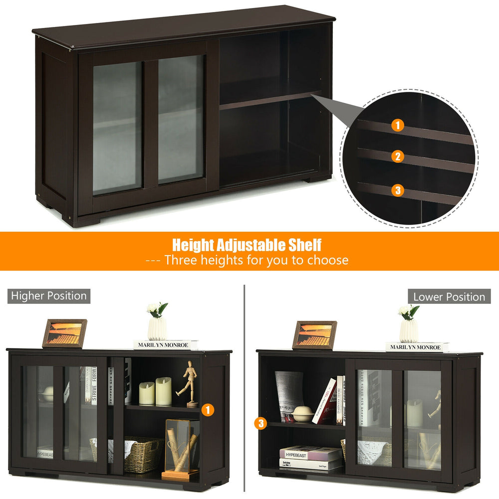 Sideboard buffet cupboard in brown with sliding doors, featuring adjustable shelves for versatile storage solutions.