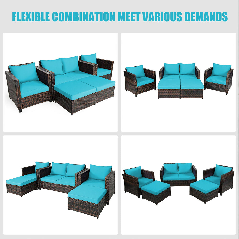 Versatile arrangement of a 5-piece patio furniture set in turquoise, showcasing two single sofas and an ottoman for.