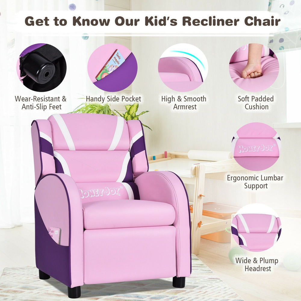 Kids leather recliner chair in pink with adjustable backrest, armrests, and side pockets for comfort and practicality.