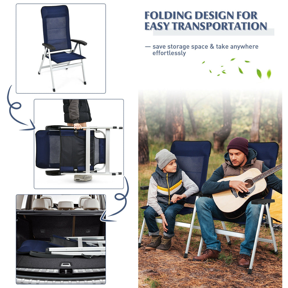 Folding blue patio dining chair with adjustable headrest, made of aluminum and iron, perfect for outdoor relaxation.
