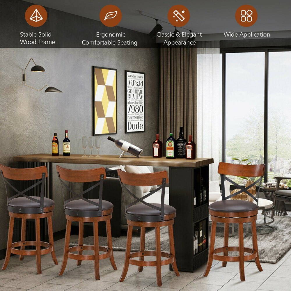 Set of 2 bar stools with rubber wood legs, 360-degree swivel, and soft cushions for comfortable seating in any setting.