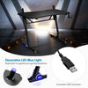 Gaming desk featuring a convenient USB connection, blue LED lights, and a carbon fiber textured surface for a modern.