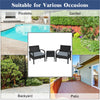 3-piece outdoor rattan patio conversation set with gray cushions, ideal for backyard, poolside, or garden relaxation.