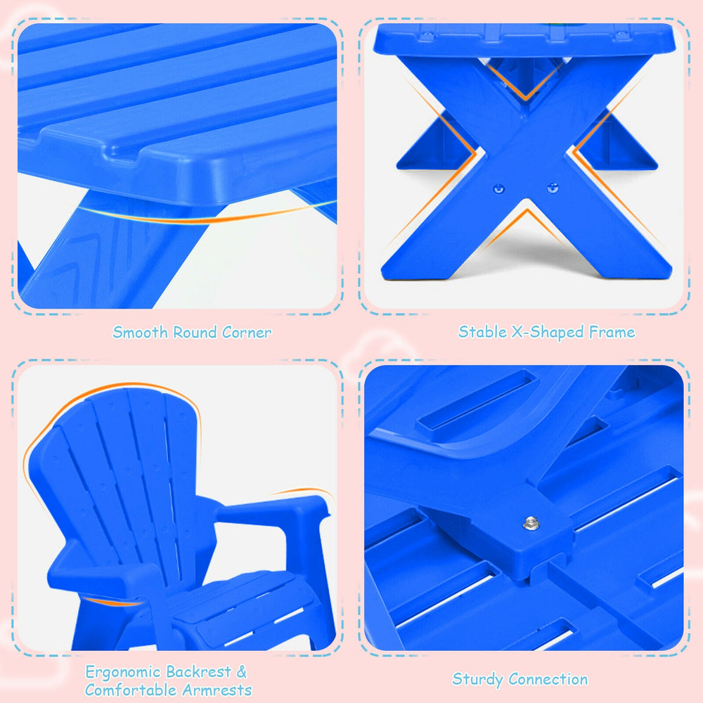 Blue plastic children table and chair set featuring ergonomic backrest, stable X-shaped frame, perfect for play and.
