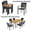 Stackable set of 4 outdoor patio chairs in mix-brown rattan with acacia wood armrests, perfect for dining or leisure.