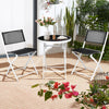 Folding bistro set featuring two black chairs and a round glass-top table, perfect for outdoor patio or balcony use.