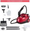 Heavy-duty red steam cleaner with detachable handheld unit and 19 accessories for versatile cleaning and disinfection.