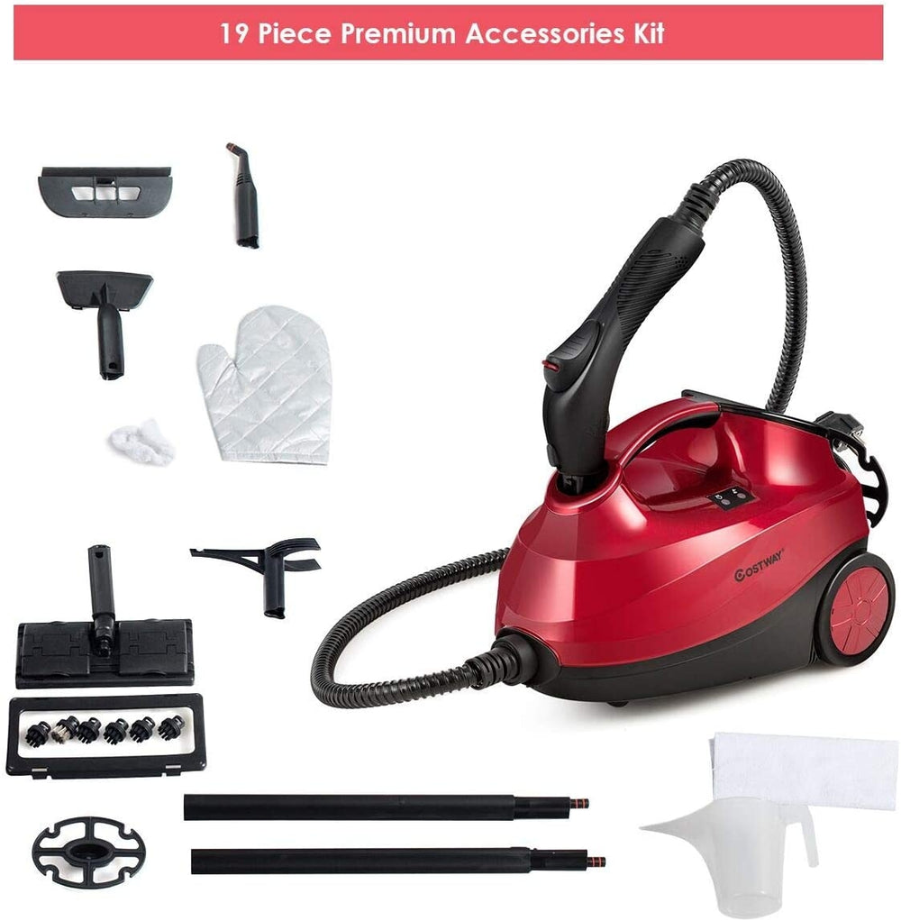 Heavy-duty red steam cleaner with detachable handheld unit and 19 accessories for versatile cleaning and disinfection.