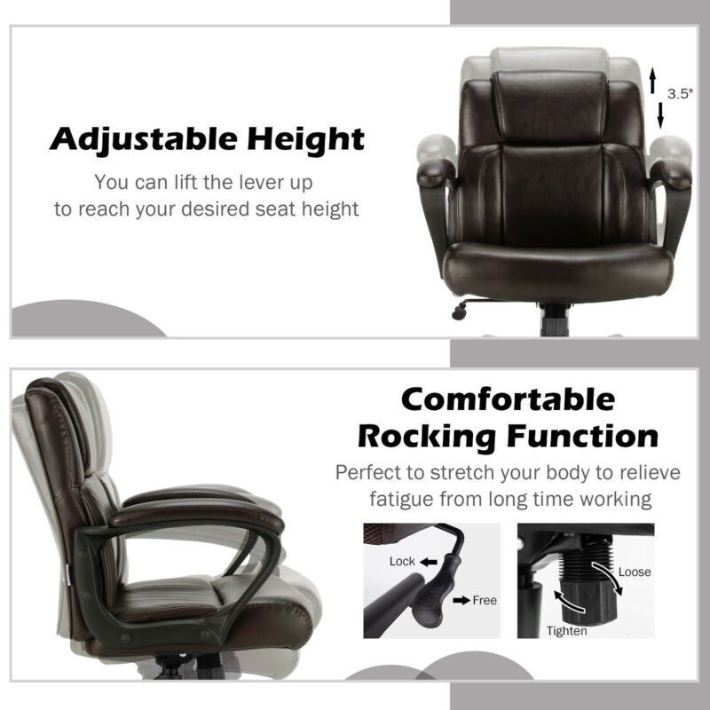 Adjustable leather executive office chair with armrests, featuring a padded cushion and rocking function for comfort.