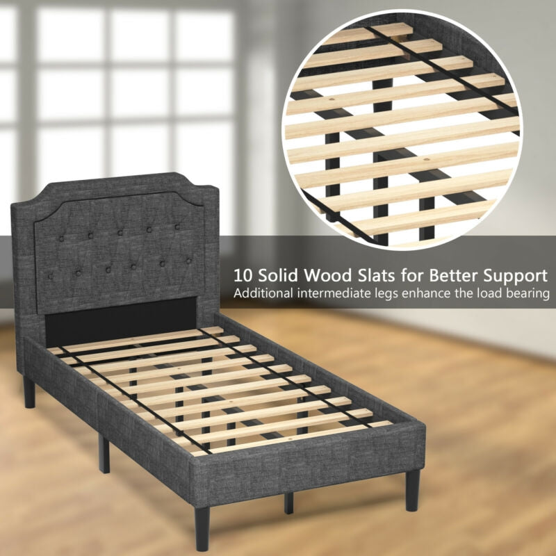 Linen twin upholstered platform bed with button-tufted headboard and 10 solid wood slats for enhanced support.