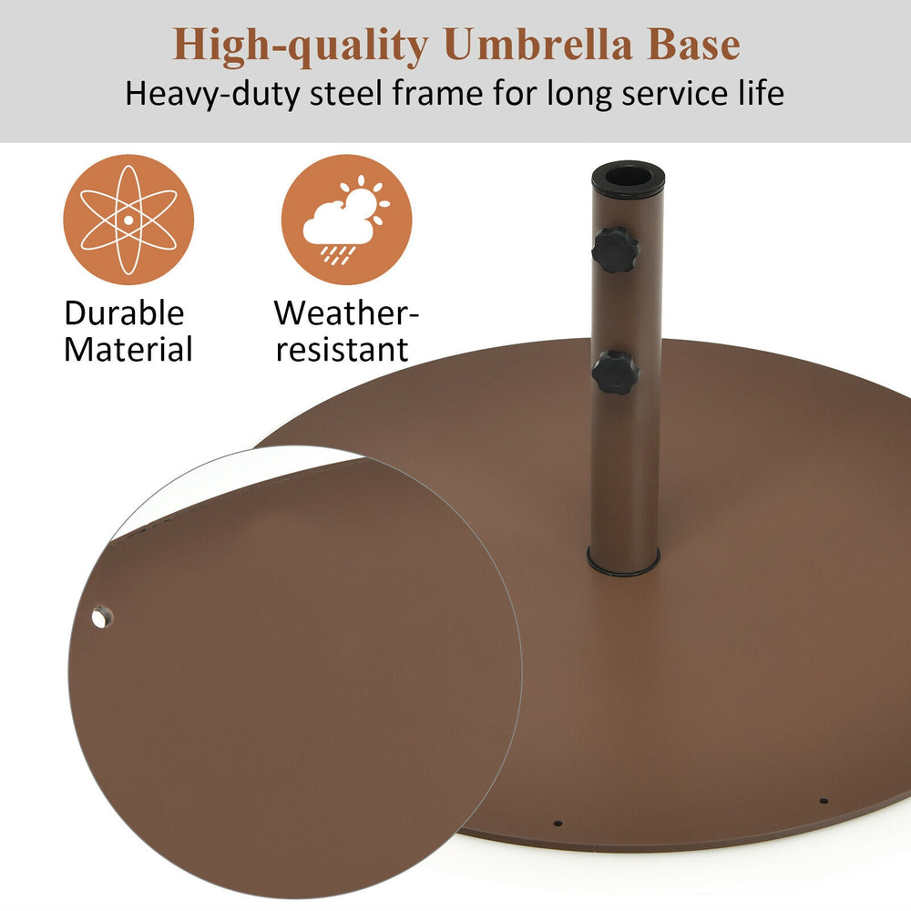 Heavy-duty 29.5-inch steel umbrella base stand with powder coating, designed for stability in windy conditions for.