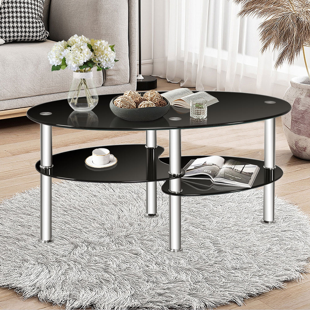 Tempered Glass Oval Side Coffee Table-Black - Gallery View 1 of 11