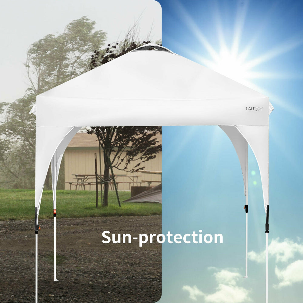 Height adjustable 6.6 x 6.6 FT white pop-up canopy tent for outdoor shade, featuring a durable steel frame and portable.