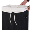 Black bamboo laundry hamper with detachable cotton inner pocket and sturdy lid for easy transport and storage.
