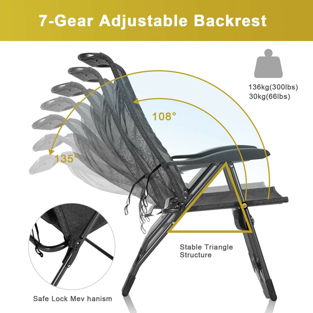 Adjustable backrest of a gray patio chair set, featuring a solid steel frame and ergonomic design for outdoor comfort.