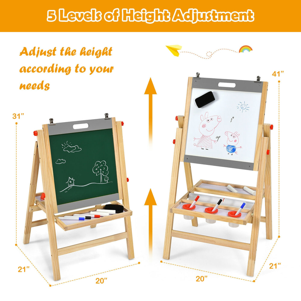 Kids art easel showcasing the height adjustment feature with 5 settings, ideal for creative activities and learning.