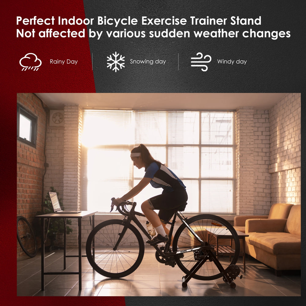 Portable folding steel bicycle indoor exercise training stand for 26"-28" wheels, designed for stability and easy.