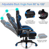 Adjustable gaming chair in blue with footrest, 90°-155° backrest, ergonomic design for home office comfort.