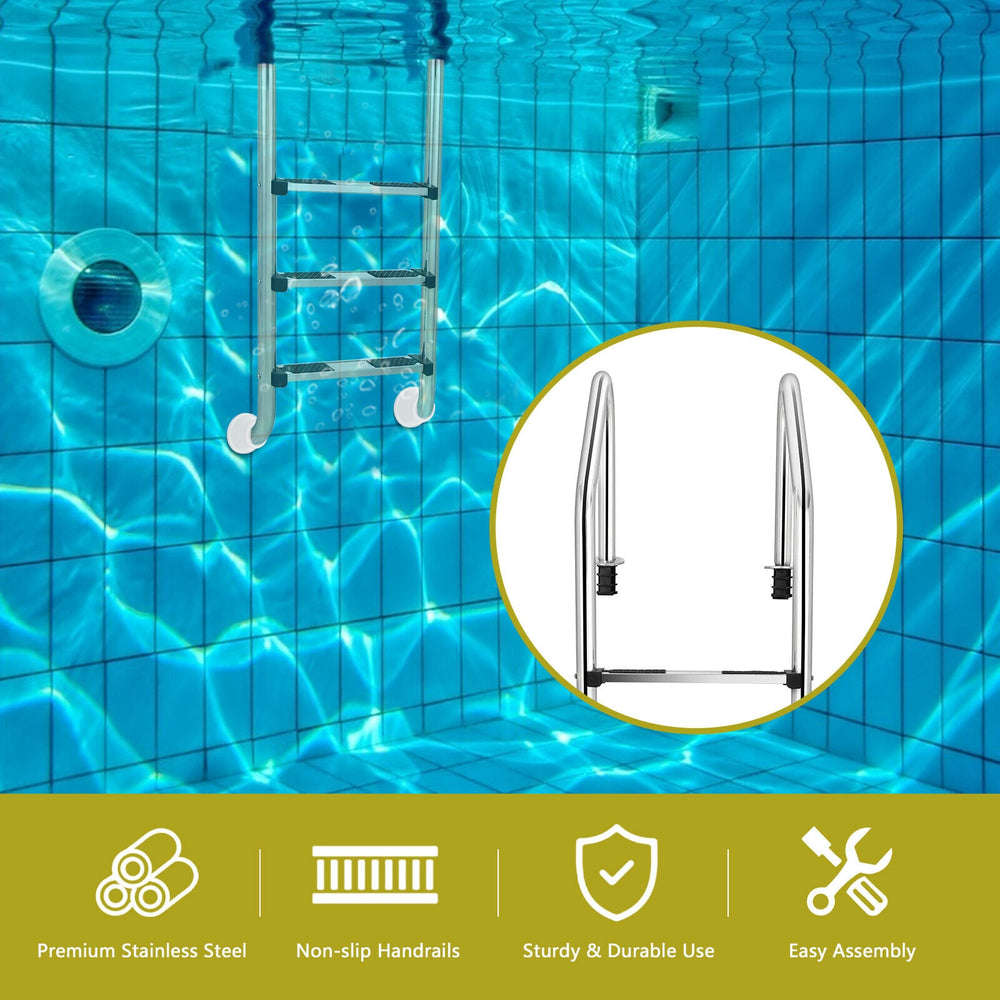 3-step stainless steel swimming pool ladder with anti-slip steps and curved handrails for safe and easy pool access.